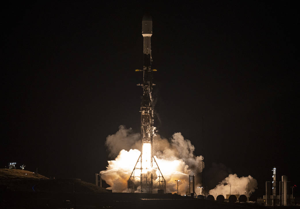 An image of the Surface Water and Ocean Topography (SWOT) spacecraft atop a SpaceX Falcon 9 rocket launching from Space Launch Complex 4E at Vandenberg Space Force Base in California on Friday, Dec. 16.