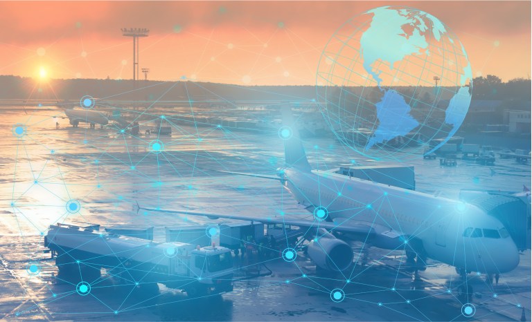 Artist illustration of an airport gate showing two airplanes loading baggage. On top of the image is a layer of vector lines and a globe showing connections.