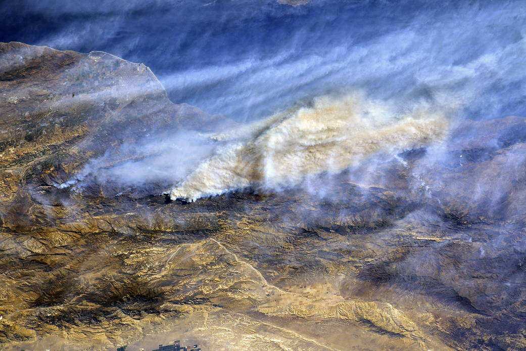 Plumes of smoke rising from wildfires, photographed from orbit
