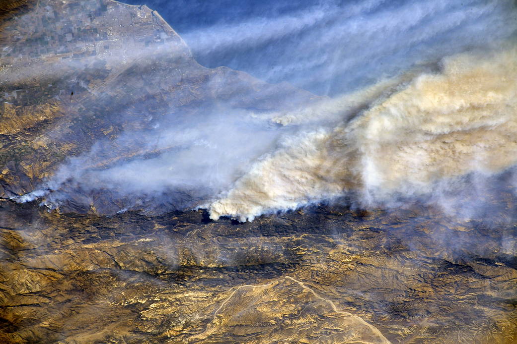 Plumes of smoke rising from wildfires, photographed from orbit
