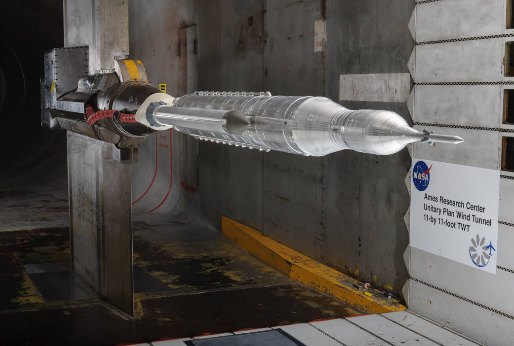 Wind testing a scale model of the Space Launch System 