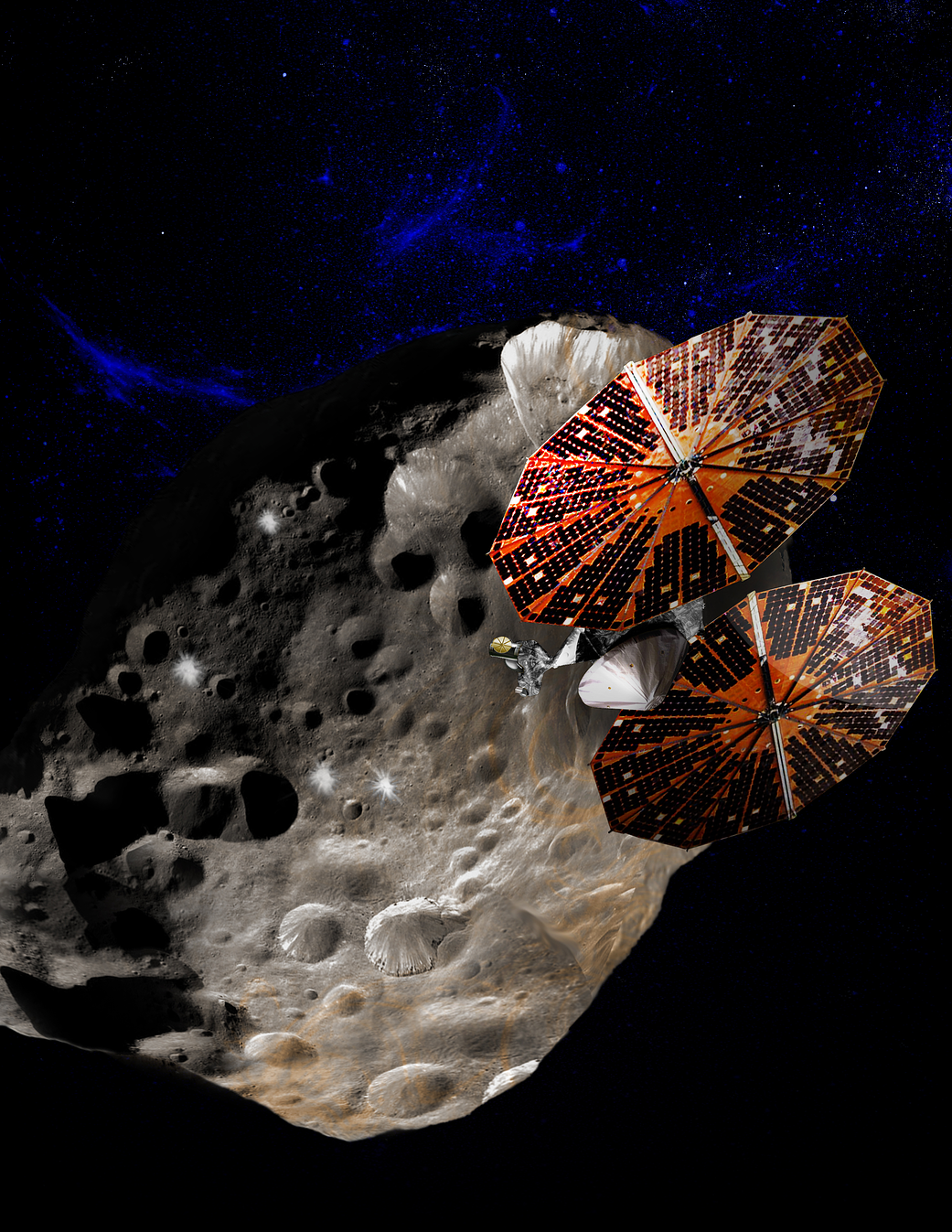 artist concept of Lucy mission at an asteroid