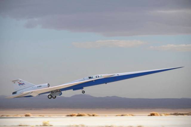 Artist concept of the X-59 taking off from the runway.