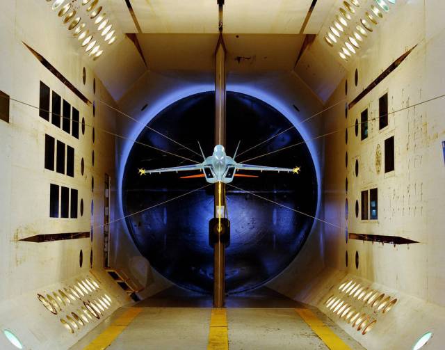 F/A-18 E/F flutter clearance model in the Transonic Dynamics Tunnel.