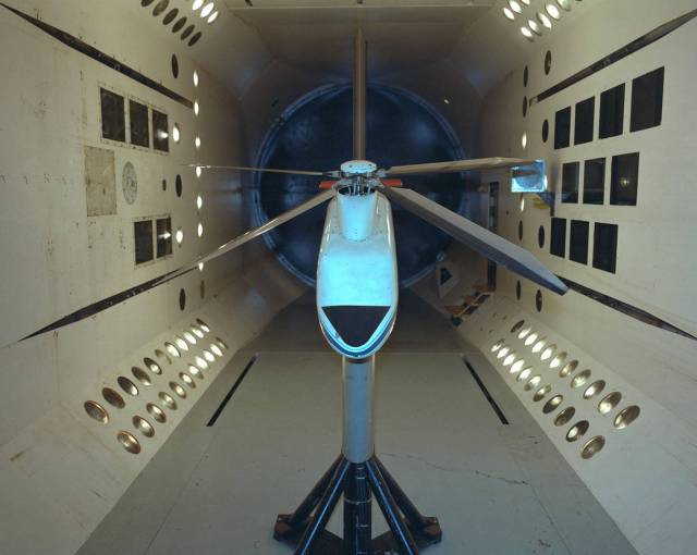 Rotocraft model on test stand in the Transonic Dynamics Tunnel.