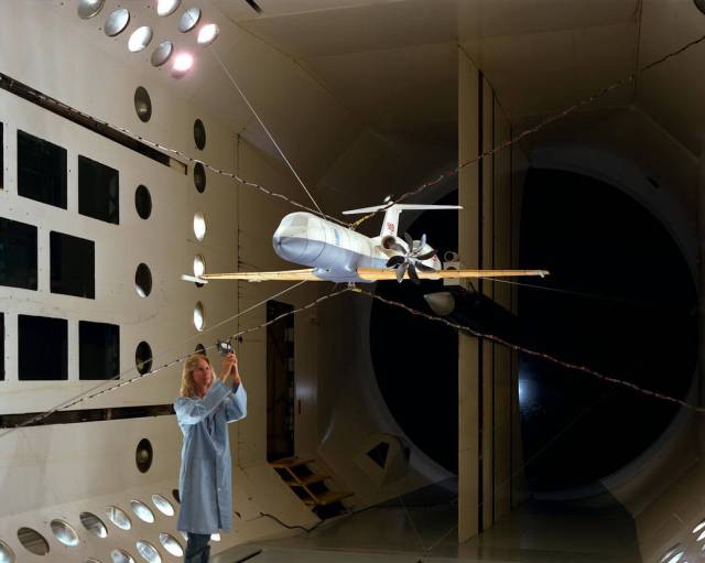 1/9th scale model of prop fan testbed airplane in the Transonic Dynamics Tunnel.