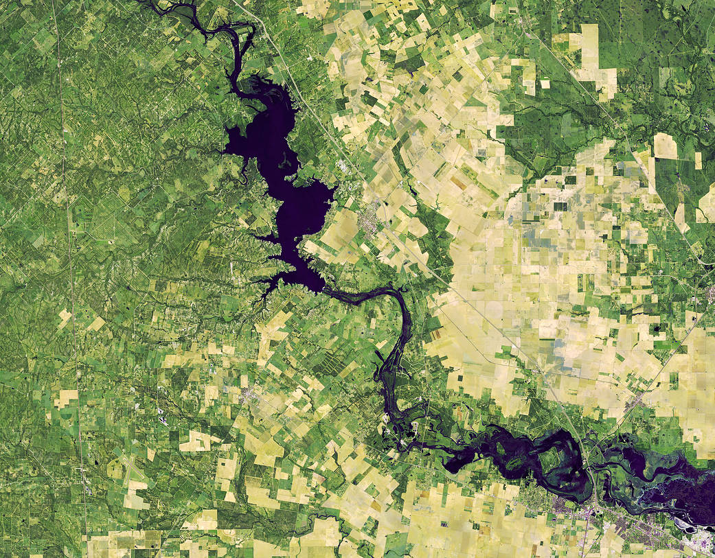 Tiny bright green plots of land torn through the middle by an overwhelming dark navy Nueces River