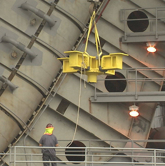 A thrust frame adapter is lifted onto the A-1 Test Stand at NASA’s Stennis Space Center.