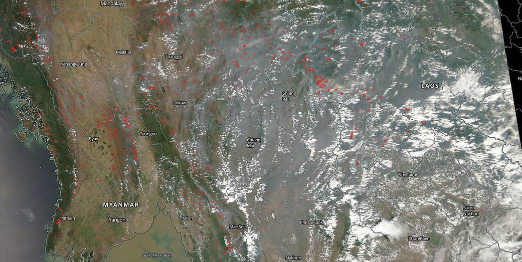 Smoky skies over Thailand and Myanmar from agricultural fires