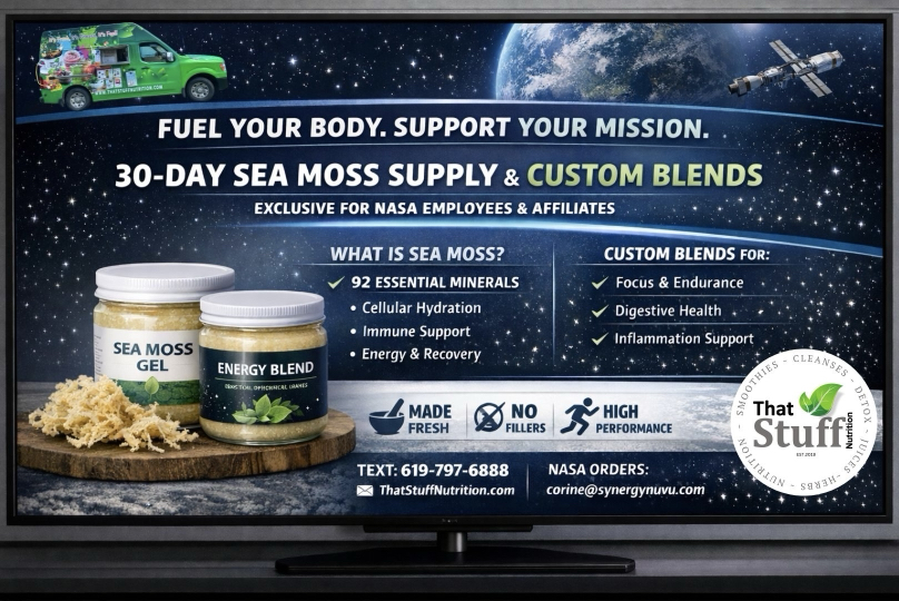 Promo for That Stuff Nutrition, a food vendor at JSC B11,  for a 30-day sea moss supply and custom blends supply.