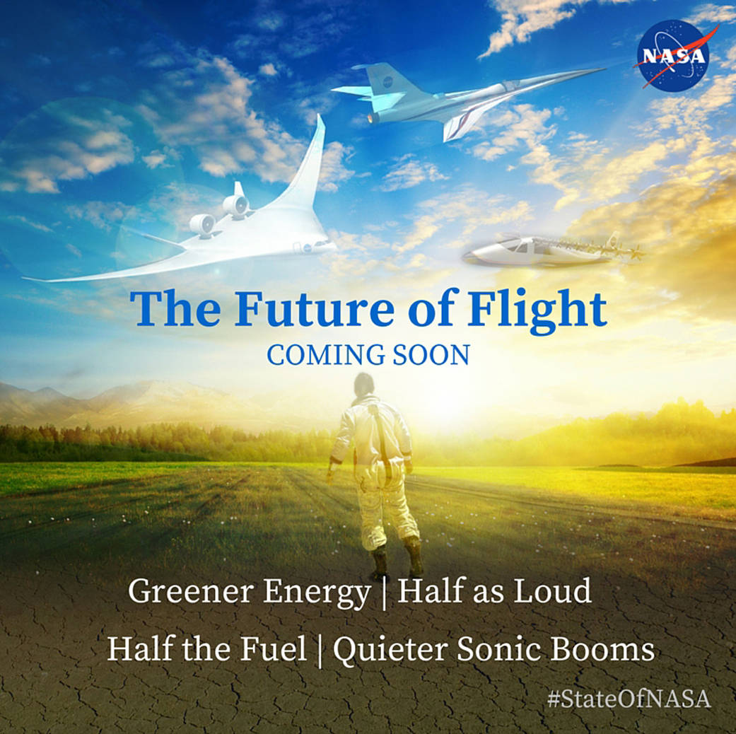 The Future of Flight graphic showing a ghosted image of NASA pilot Dana White standing in a green field. Up in the sky are possible "future" aircraft also ghosted.