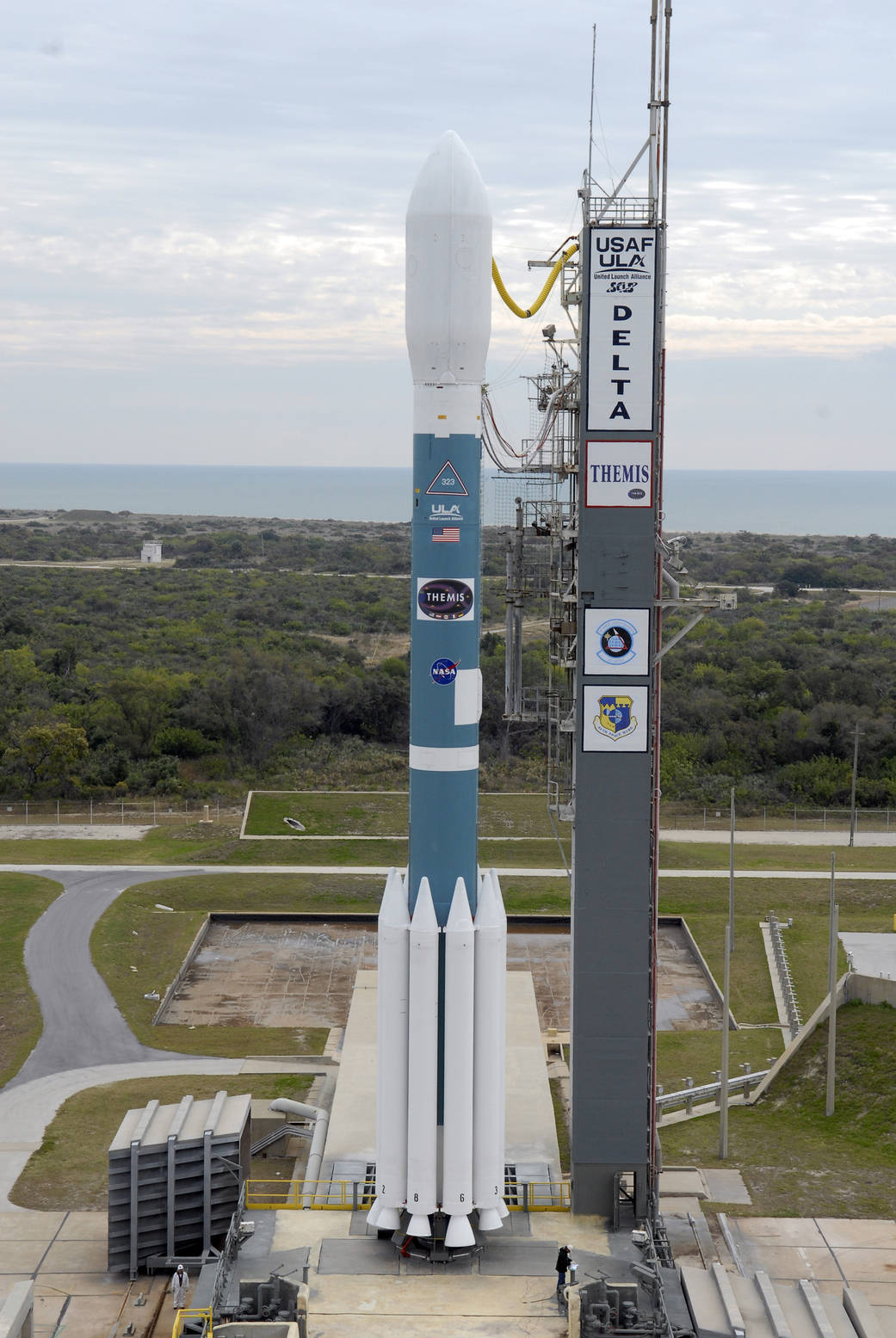 The Delta II rocket carrying the five THEMIS spacecraft waits on the pad at Space Launch Complex 17, Cape Canaveral Air Force St