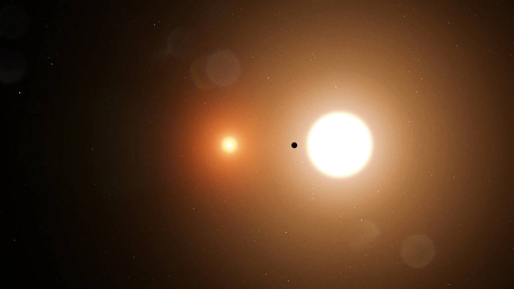 Illustration of a planet silhouetted by two suns