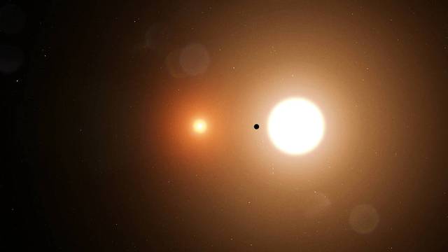 Illustration of a planet silhouetted by two suns