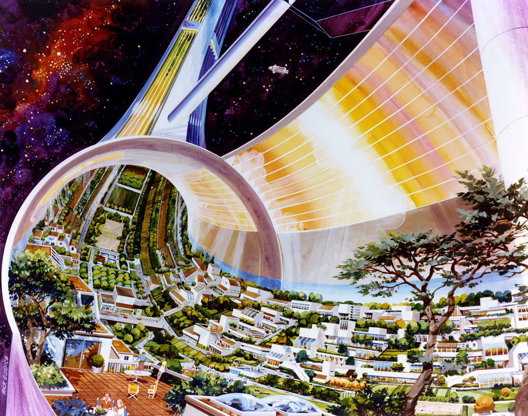 1970s NASA concept art of a toroidal space colony interior, showing a curved landscape with buildings, vegetation, and artificial sunlight, painted by Rick Guidice for NASA Ames Research Center