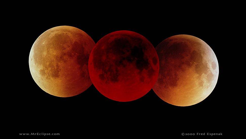 A time-lapsed photo shows the moon turning red as it passes through Earth's shadow