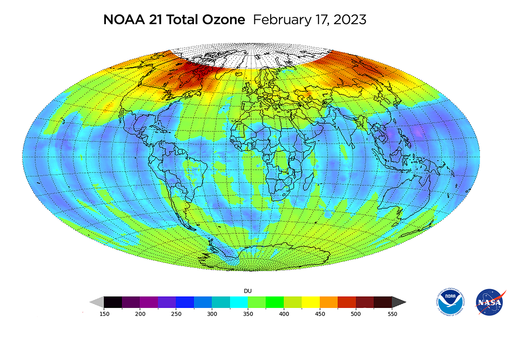 Total ozone as measured by the OMPS Nadir Mapper on February 17, 2023. 