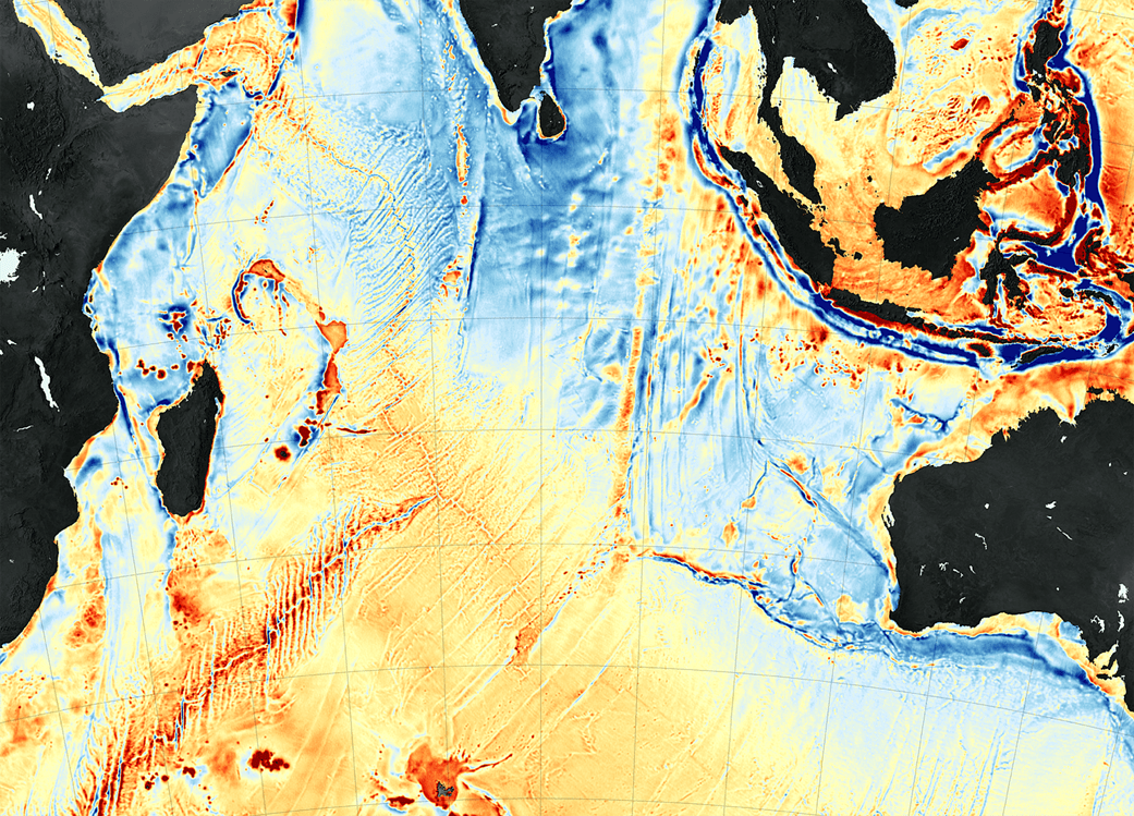 Seafloor map of western Indian Ocean with areas of stronger gravity highlighted