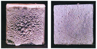 Side by side images of two tiles. The untreated tile on the left that was heated with a torch is showing the protective layer is beginning to disintegrate, while the tile that was treated and then heated with a torch appears only minor damage.  