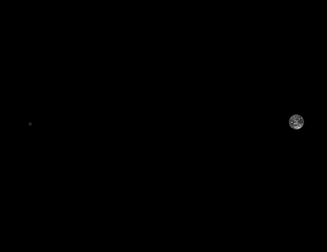 A mostly black image with Earth visible near the right edge, and the Moon faintly visible at the left edge. Both are grayscale.