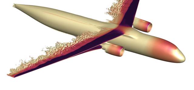 This image, shows a Transonic Truss Braced Wing (TTBW) aircraft and how its wings interact with the air around them. The dark red area along the front of the wing represents higher-speed airflow.