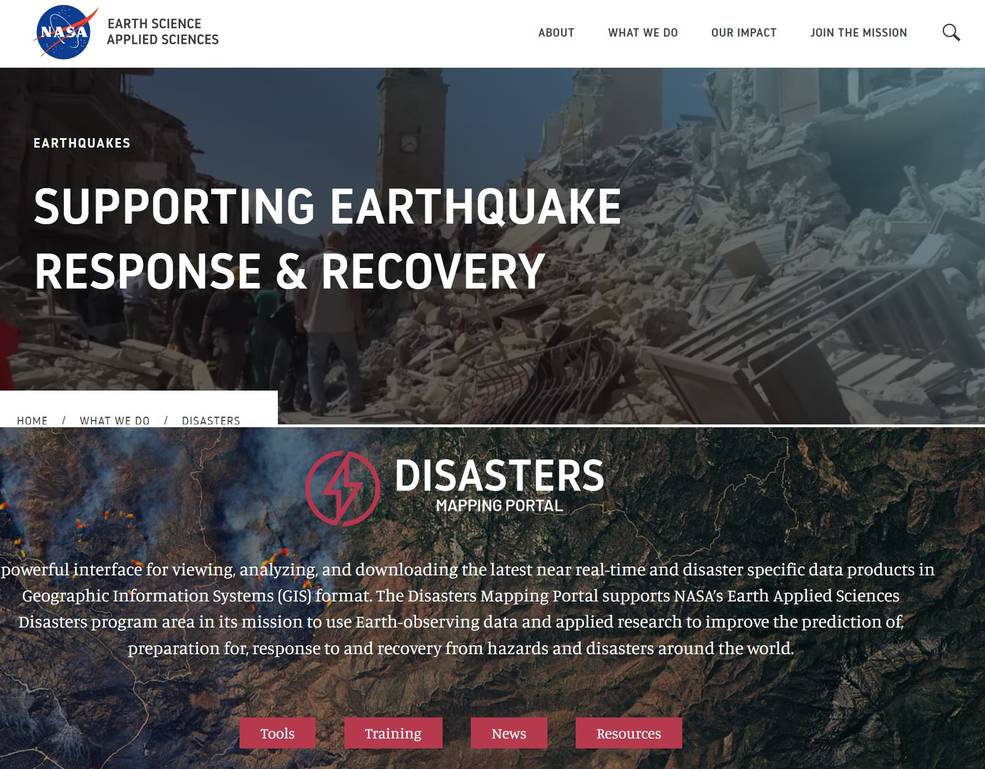 NASA’s Disasters program area, part of the agency’s Earth Science Applied Sciences Program, maintains the Disasters Mapping Portal.