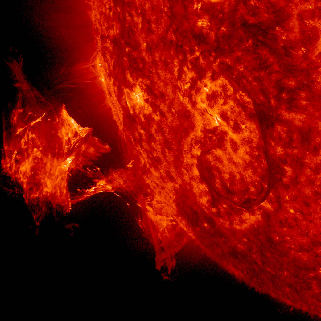 A twisted blob of solar material – a hot, charged gas called plasma – can be seen erupting off the side of the sun on Sept. 