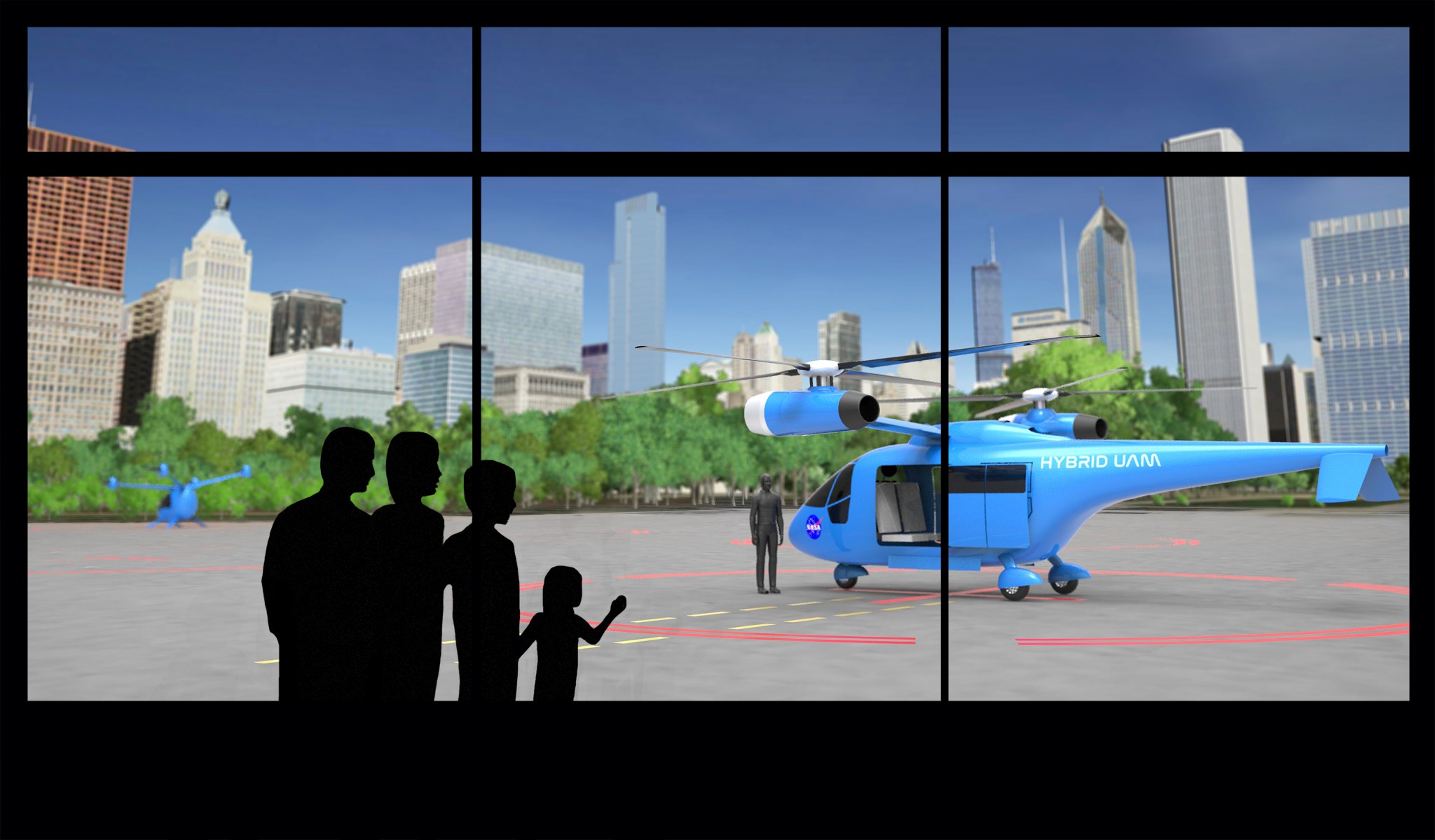 Artist illustration of a family inside a vertiport waiting to get onto the Hybrid UAM.