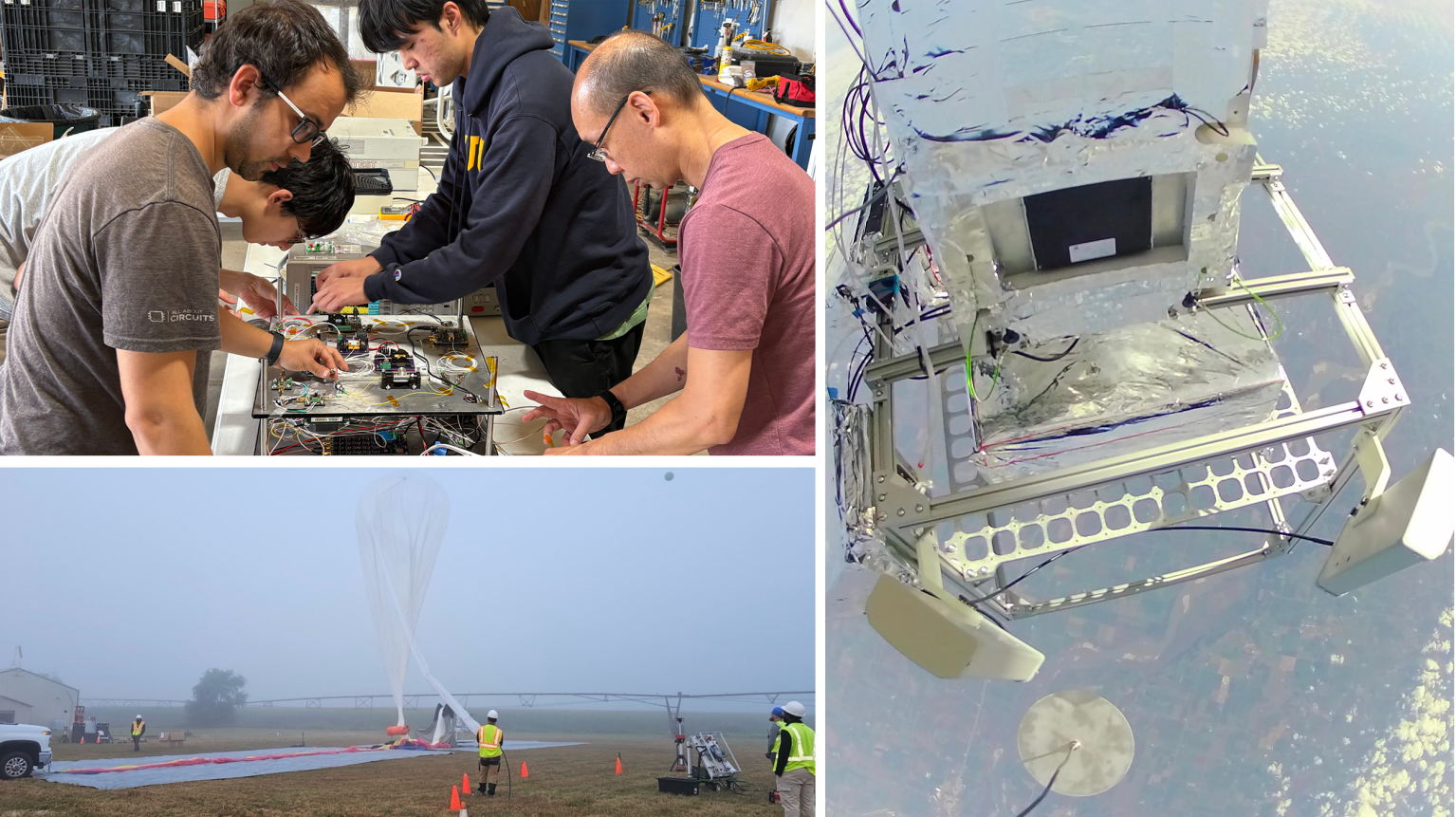 Four researchers work intently on an experiment housed in a silver box. A high-altitude balloon awaits launch. A metal frame holds an experiment in space with earth in the background.
