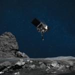 spacecraft above rocky asteroid terrain