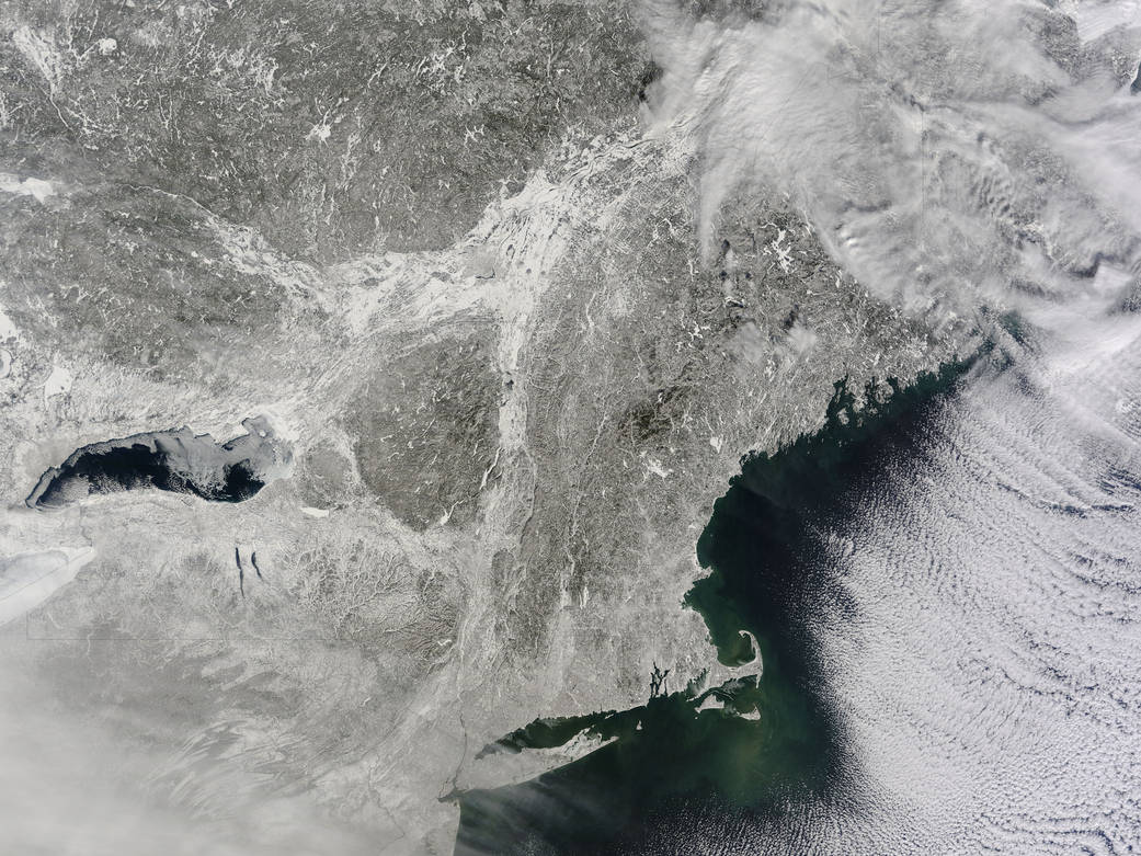 Snow-covered northeastern states as observed on February 16, 2015, by MODIS on NASA's Terra satellite. 