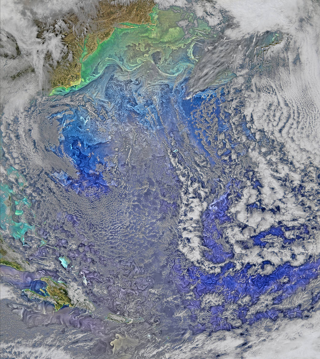 Satellite image of ocean with bright swirls of phytoplankton and white clouds overhead