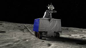 An illustration of the VIPER Moon rover on the Moon’s south pole looking for water ice.