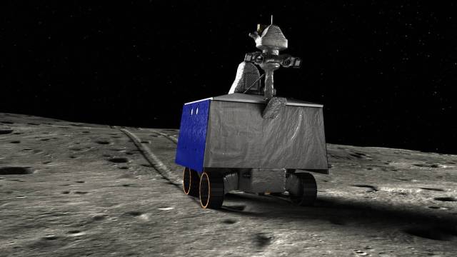 An illustration of the VIPER Moon rover on the Moon’s south pole looking for water ice.