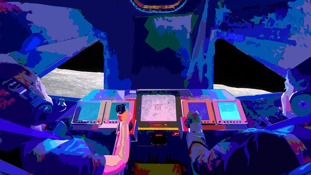 Two people at the controls of a Lunar Lander simulation cockpit with two windows showing the Lunar surface in the background. Artist rendition with mostly shades of blue on the interior cockpit. 