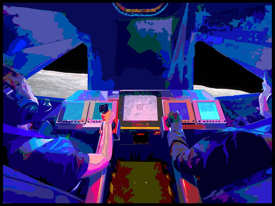 Two people at the controls of a Lunar Lander simulation cockpit with two windows showing the Lunar surface in the background. Artist rendition with mostly shades of blue on the interior cockpit. 