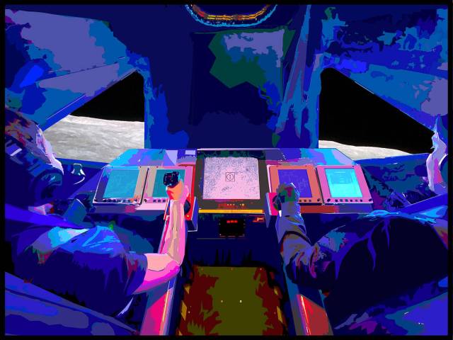 Two people at the controls of a Lunar Lander simulation cockpit with two windows showing the Lunar surface in the background. Artist rendition with mostly shades of blue on the interior cockpit. 
