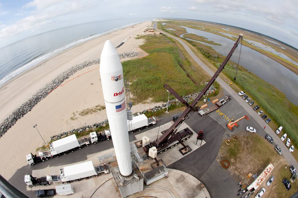 A wide-angle view of an inert Minotaur V launch vehicle.