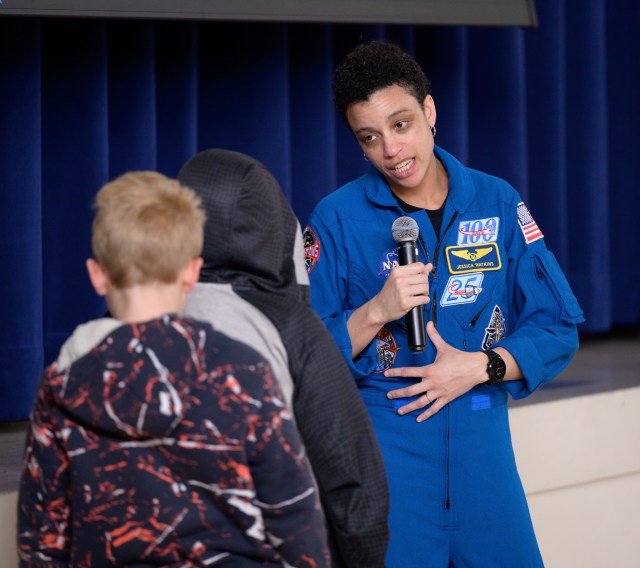 NASA astronaut Jessica Watkins visited NASA’s Ames Research Center in California’s Silicon Valley on Tuesday, February 28, where she had the opportunity to engage with a local elementary school and speak with Ames employees.