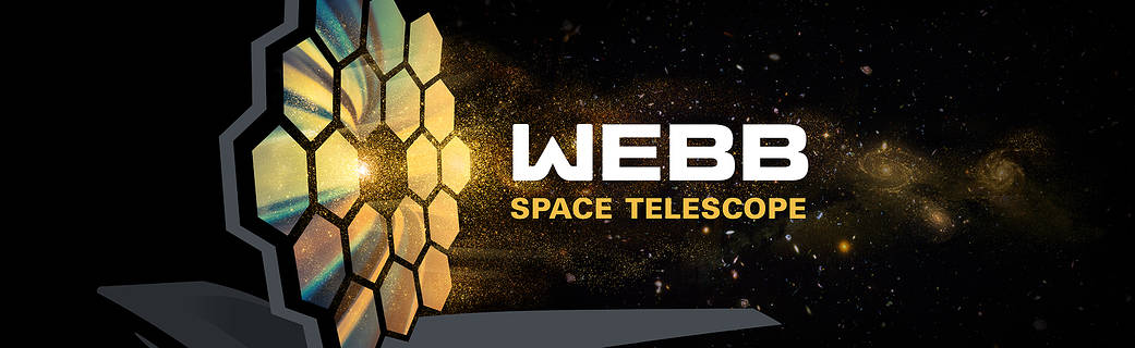 An abstract illustration of the Webb Space Telescope with 18 golden honeycomb mirrors. The words "Webb Space Telescope" are to the right of the golden honeycomb design.