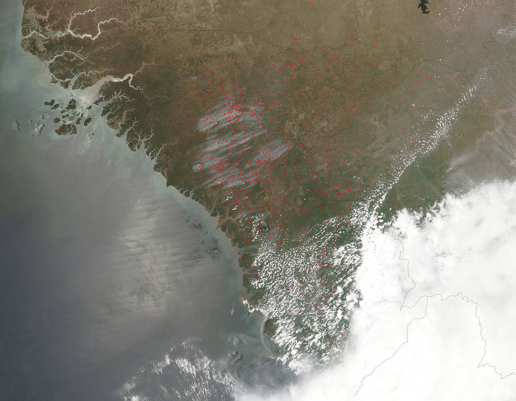satellite image of fire hotspots in northwestern Africa