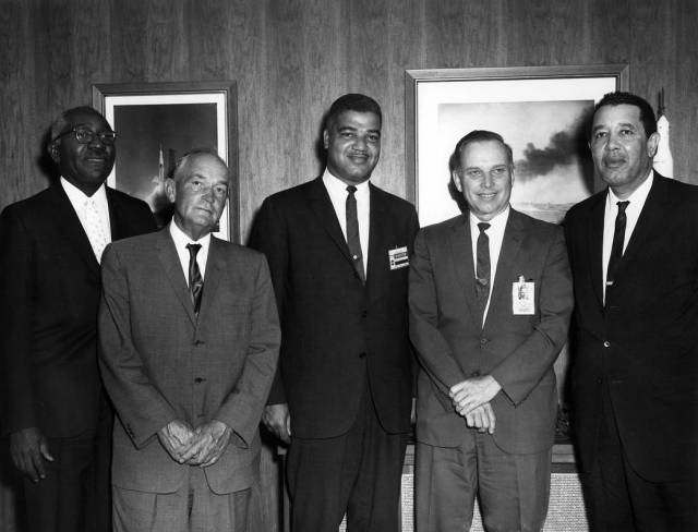 In May 1966, Civil rights leader and the director of the National Urban League, Whitney Young Jr. visits the Marshall Center.