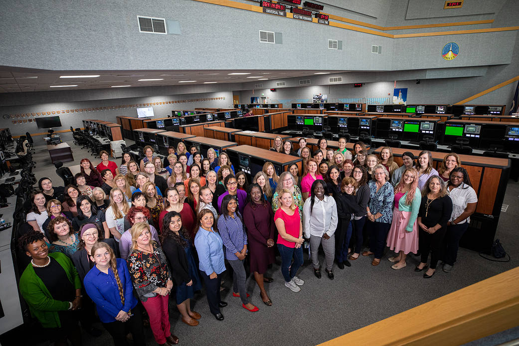Women of Launch Control working in Exploration Ground Systems gather for a group photo on March 4, 2020, in Firing Room 1.