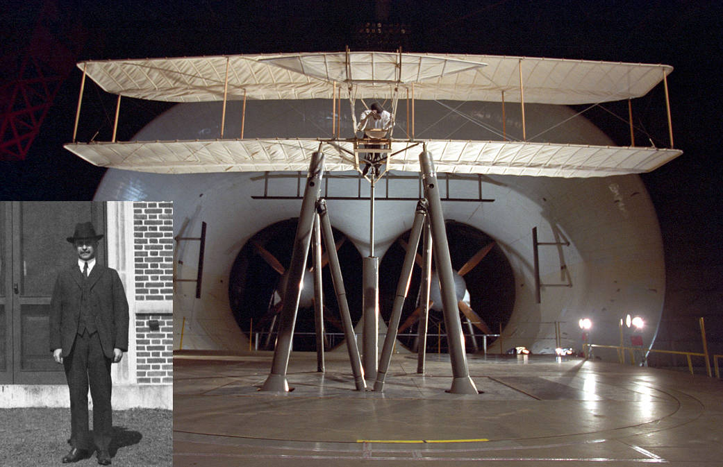 Image of a reproduction Wright Flyer inside the Full Scale Tunnel with an inset image of Orville Wright on the left.
