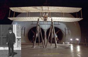 Image of a reproduction Wright Flyer inside the Full Scale Tunnel with an inset image of Orville Wright on the left.