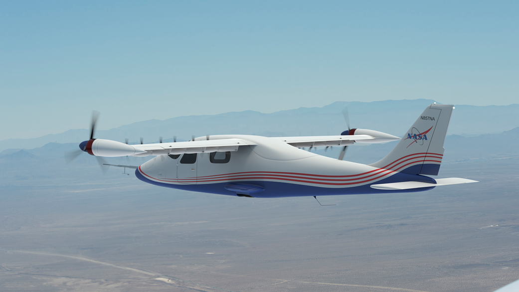 Artist’s concept image shows NASA’s first all-electric X-plane in flight.