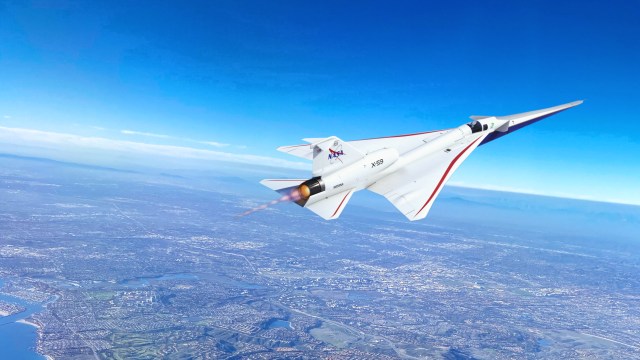 Artist illustration of the X-59 in flight over land against bright blue skies.