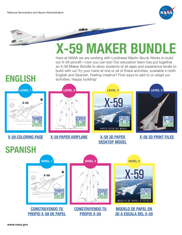 X-59 Maker Bundle Flyer, showing the different activities available in English and Spanish.