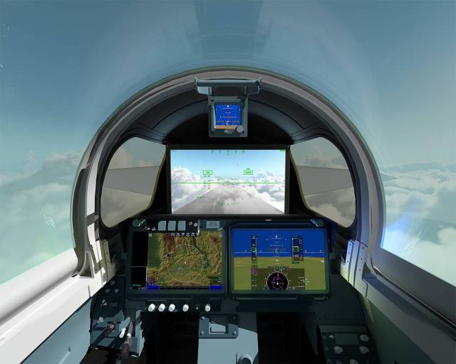 X-59 cockpit with a 4K monitor that serves as the central window and allows the pilot to safely see traffic in his or her flight path, and provides additional visual aids for airport approaches, landings and takeoffs.