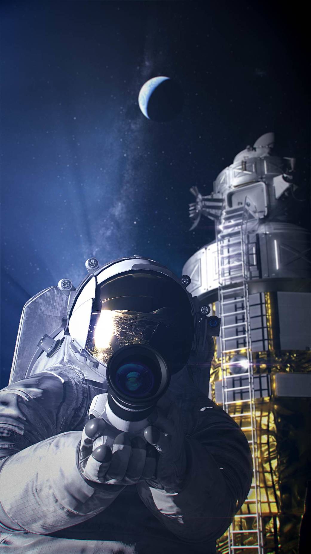 Artist concept of an astronaut in the xEMU space suit with Human Landing System in the background